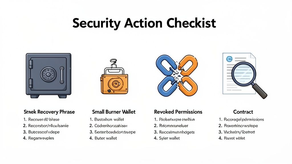A security action checklist illustrating steps for recovery phrases, burner wallets, revoked permissions, and contract reviews.