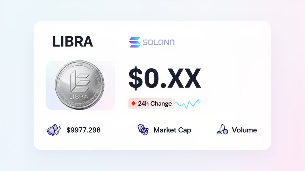 A cryptocurrency display card featuring Libra coin details, price, Solana logo, and market data.