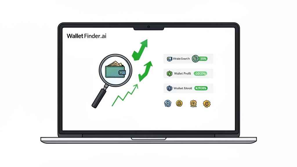 A laptop screen shows 'Wallet Finder.ai' with a wallet under a magnifying glass, profit trends, and crypto statistics.