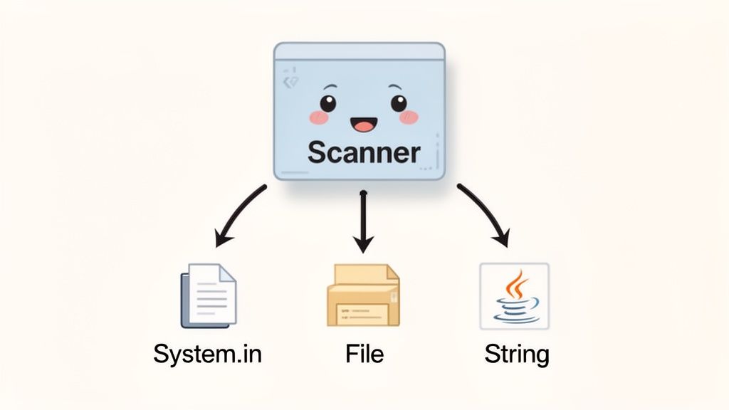 Diagram illustrating Java's Scanner class receiving input from System.in, File, and String.