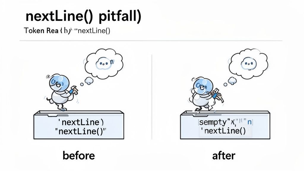 Illustration demonstrating the nextLine() pitfall in Java, showing 'before' and 'after' states of input processing.