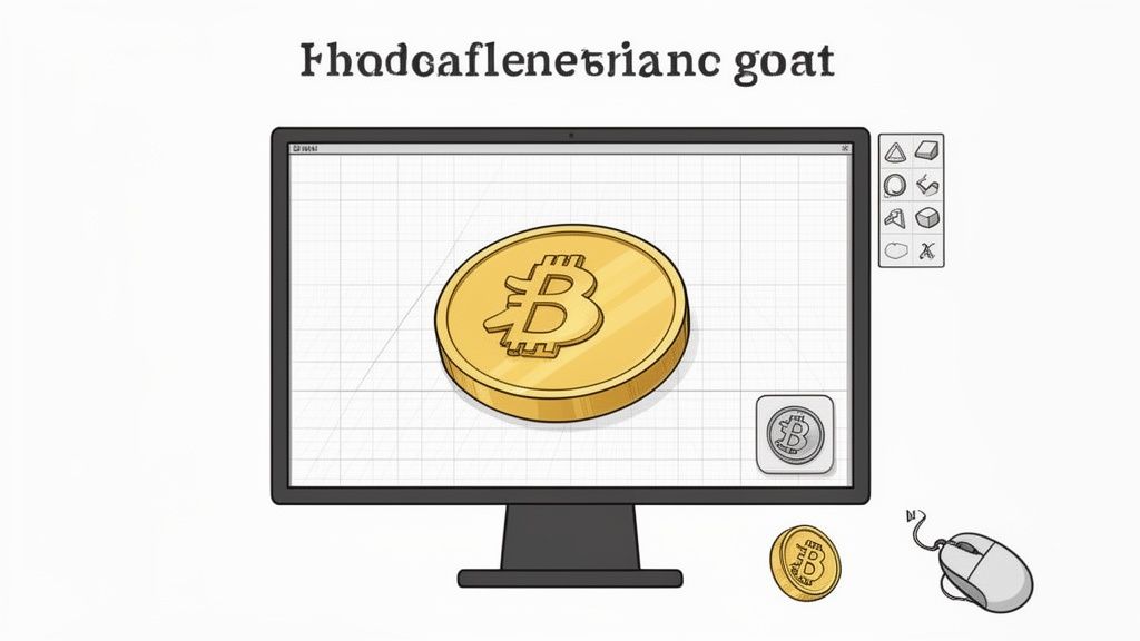 A computer screen displays a 3D model of a golden Bitcoin coin, with a mouse nearby.