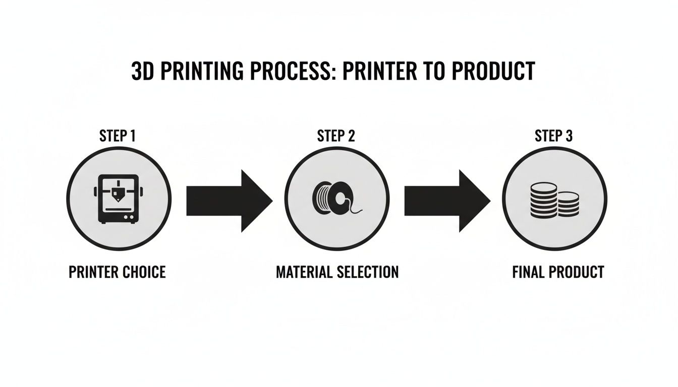 Infographic illustrating the 3D printing process: choosing a printer, selecting material, and producing the final product.