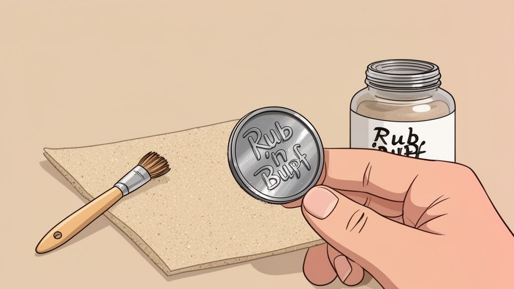 A hand holds a 'Rub 'n Buff' coin, with a jar, brush, and sandpaper on a table.
