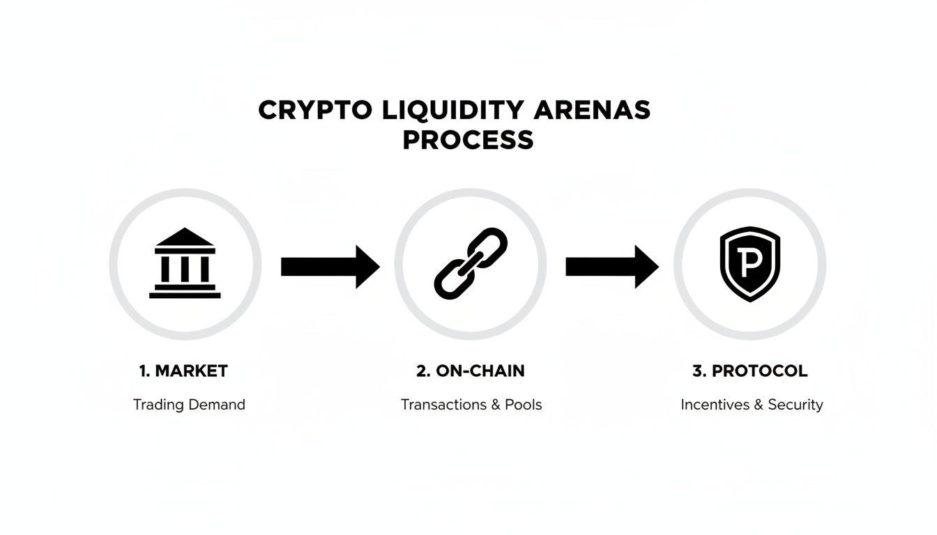 A diagram of the Crypto Liquidity Arenas Process showing Market, On-Chain, and Protocol stages.