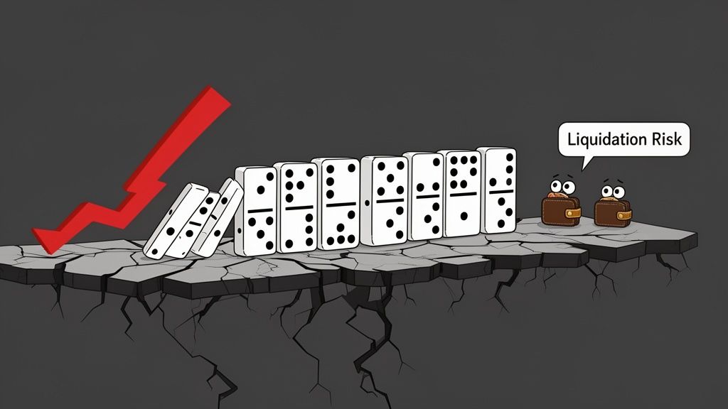 A red arrow triggers a domino effect, leading to worried wallets facing liquidation risk on a cracked platform.
