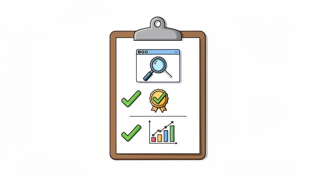 A clipboard displaying icons for search, quality assurance, and analytical progress with checkmarks.