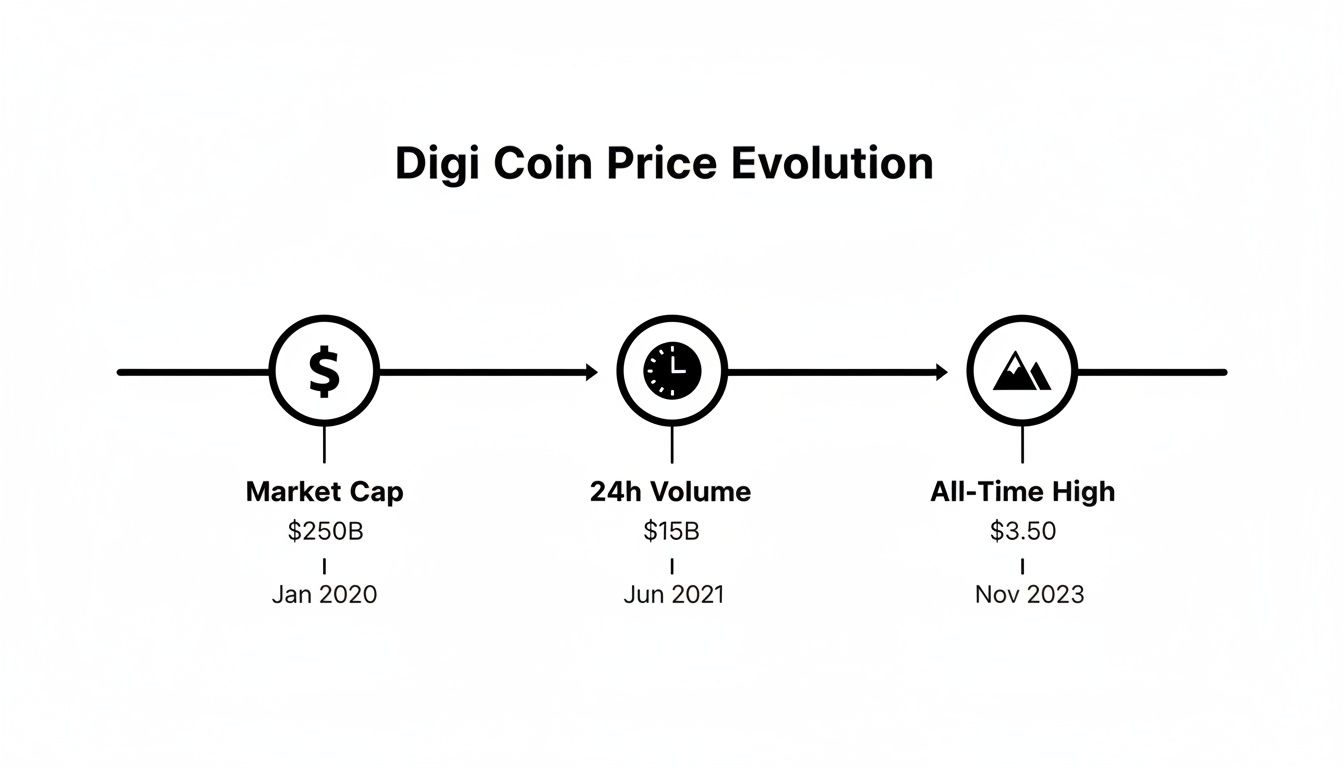 Digi Coin price evolution timeline showing market cap, 24h volume, and all-time high data.
