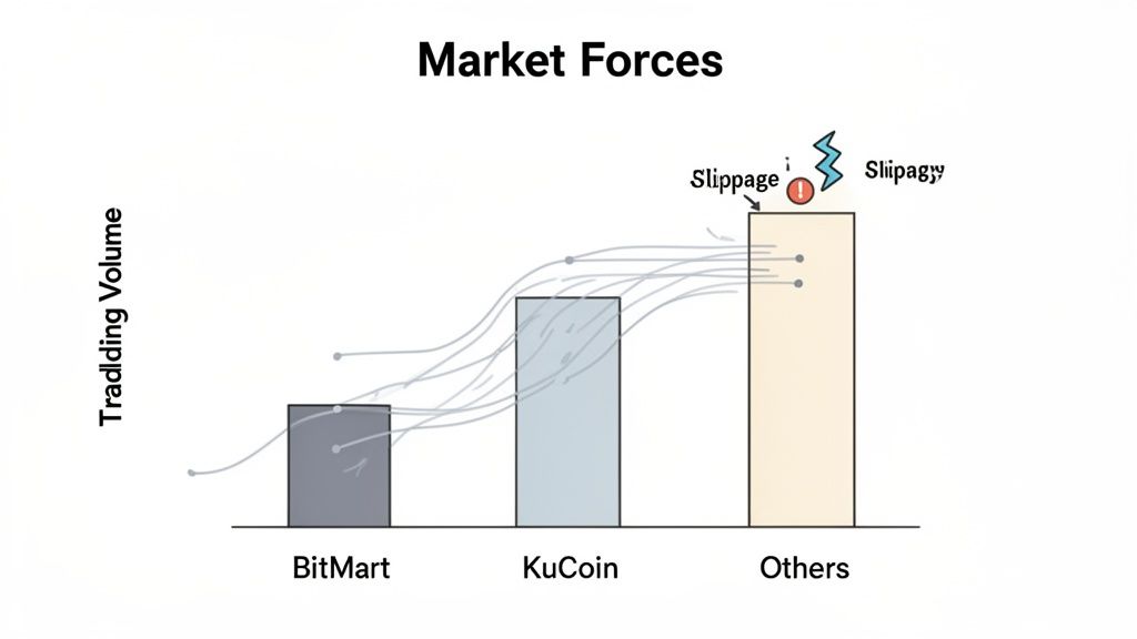 Bar chart illustrating market forces and trading volume across BitMart, KuCoin, and other platforms, highlighting slippage.