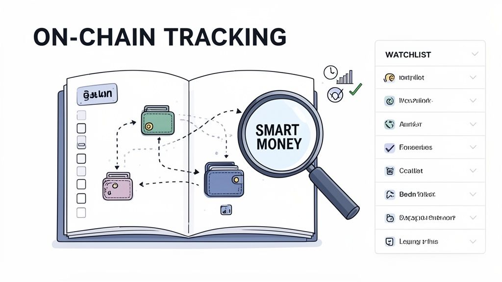 Illustration depicting on-chain tracking of smart money flows between digital wallets with a watchlist.