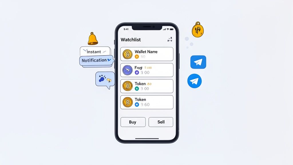A smartphone app displaying a cryptocurrency watchlist with notifications, a wallet, and messaging icons.