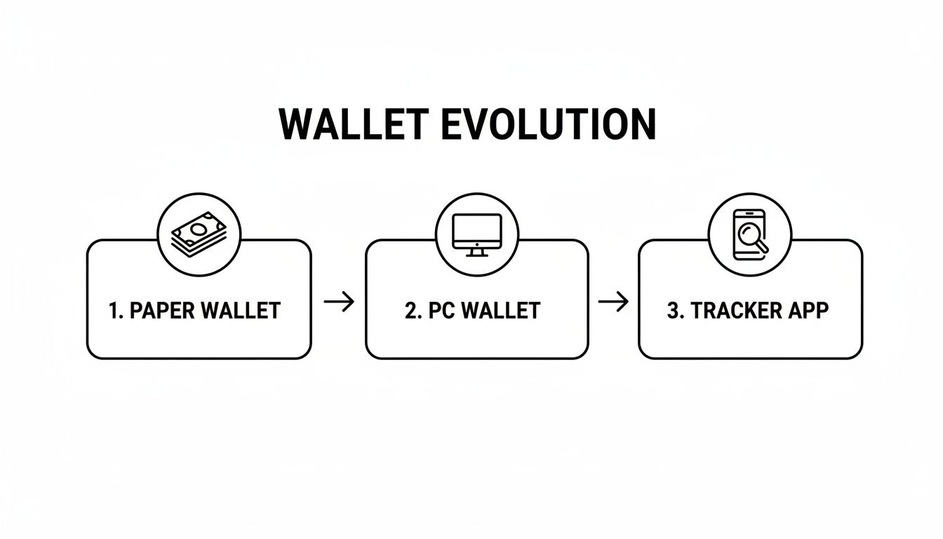 Diagram illustrating wallet evolution from paper money to PC software and tracker app.