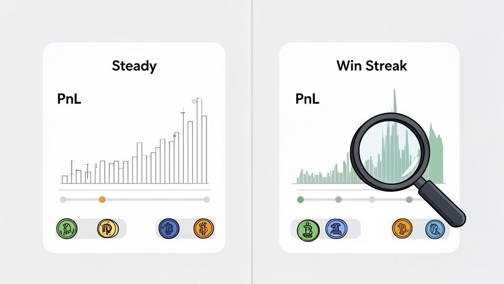 Two financial cards showing profit and loss (P&L) charts: 'Steady' with gradual growth and 'Win Streak' with a magnified volatile peak.