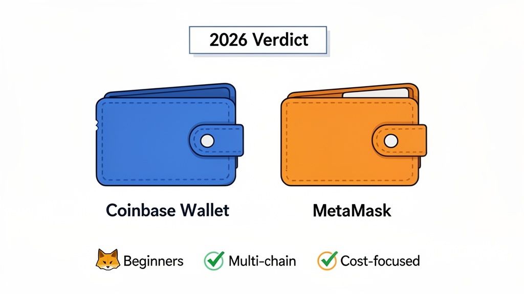 Illustration comparing Coinbase Wallet and MetaMask, highlighting features for beginners, multi-chain, and cost-focus under '2026 Verdict'.