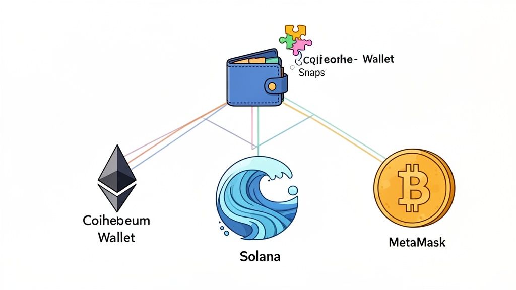 A diagram shows a central crypto wallet, labeled 'Cqlieothe- Wallet Snaps,' connecting to Ethereum, Solana, and Bitcoin.
