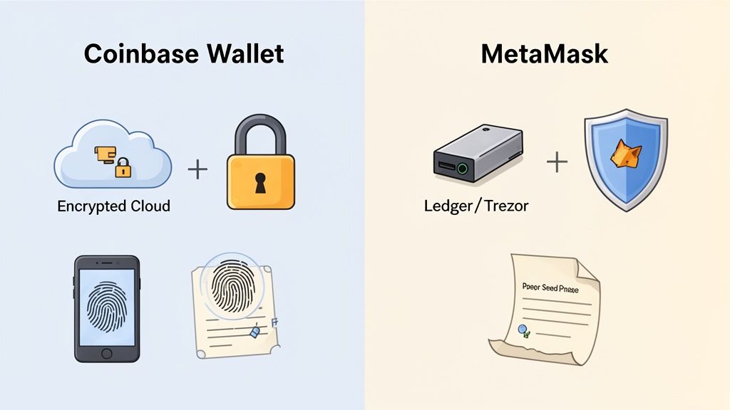 Comparison of Coinbase Wallet's cloud and biometric security versus MetaMask's hardware and seed phrase.