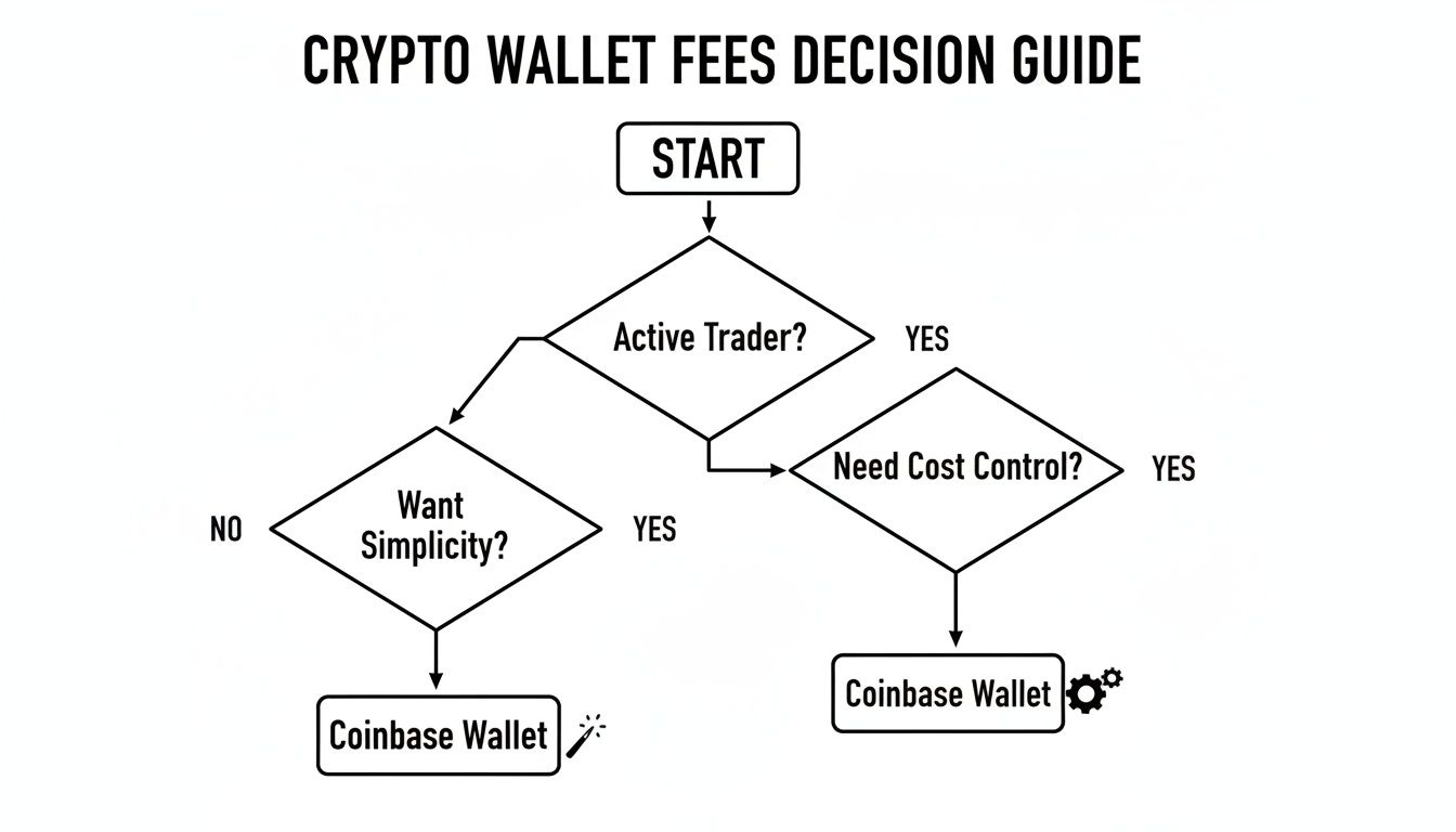 Flowchart decision guide for selecting a crypto wallet based on trading activity and fee control.