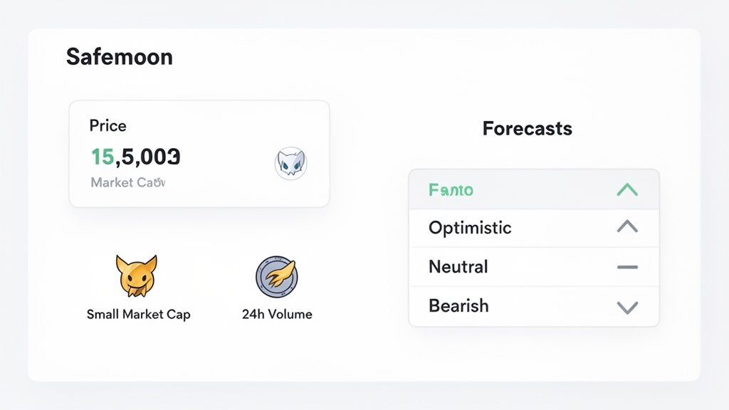 A cryptocurrency dashboard displaying Safemoon price, market capitalization, 24h volume, and investment forecasts.