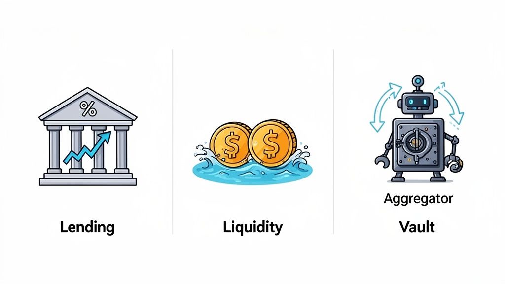 Illustrates key components of crypto yield farming: lending, liquidity provision, and an aggregator vault.