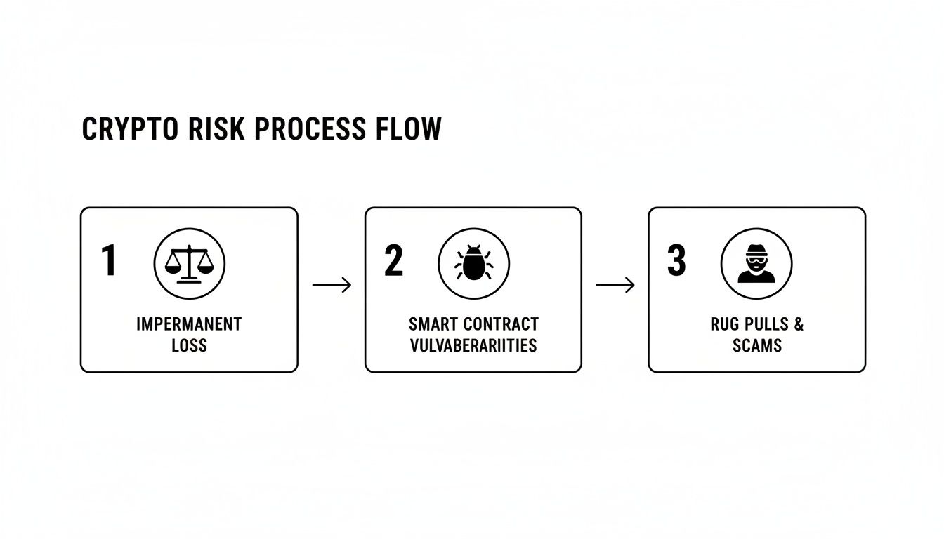 Flowchart illustrating the crypto risk process flow, detailing impermanent loss, smart contract vulnerabilities, and scams.
