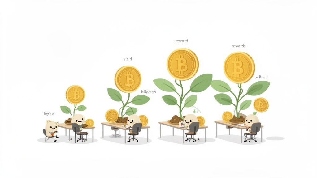 Cartoon illustration showing four stages of cryptocurrency yield farming with Bitcoin plants and characters.