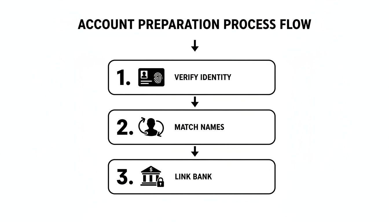 A flow chart outlining the three steps for account preparation: verify identity, match names, and link bank.