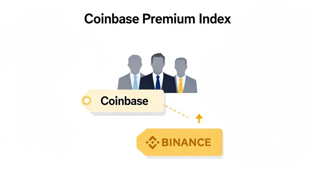 Diagram illustrating the Coinbase Premium Index, showing Coinbase and Binance crypto exchanges.