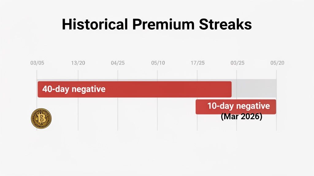 A timeline chart illustrating historical premium streaks, showing a 40-day and a 10-day negative period with a Bitcoin icon.