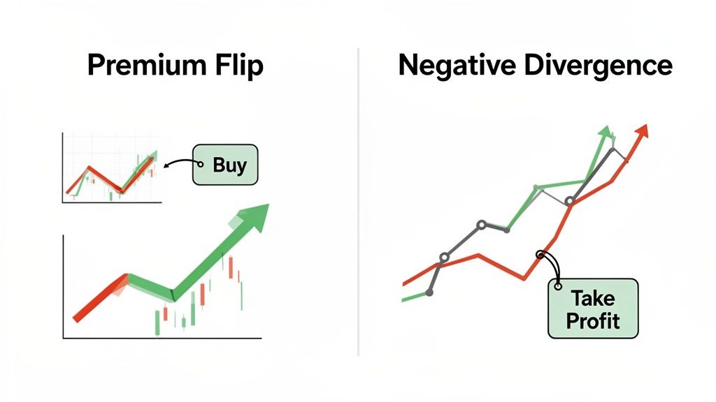 Financial charts illustrating 'Premium Flip' for buying signals and 'Negative Divergence' for taking profit.