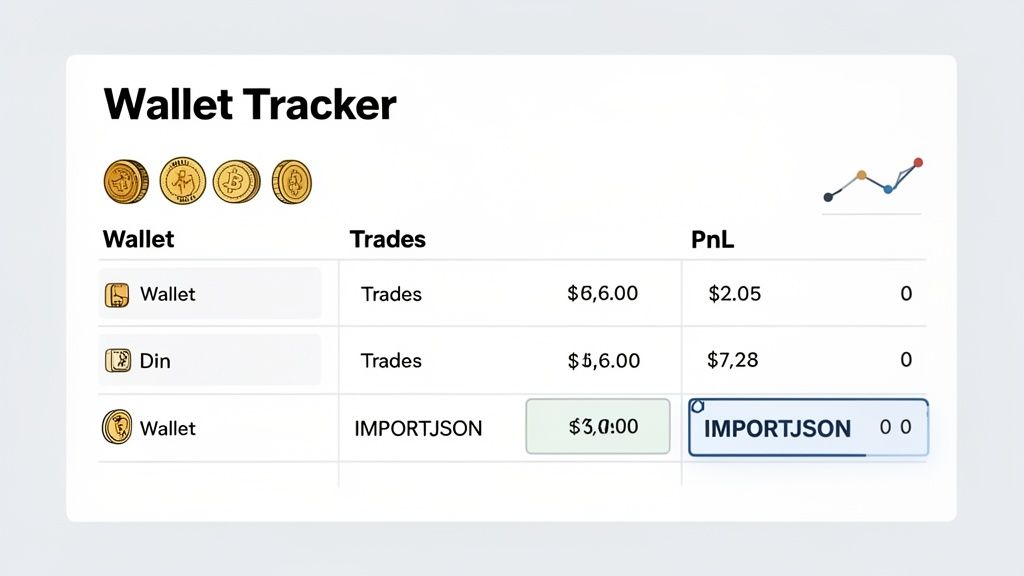 A digital 'Wallet Tracker' interface displaying wallet details, trades, PnL, and an IMPORTJSON function.