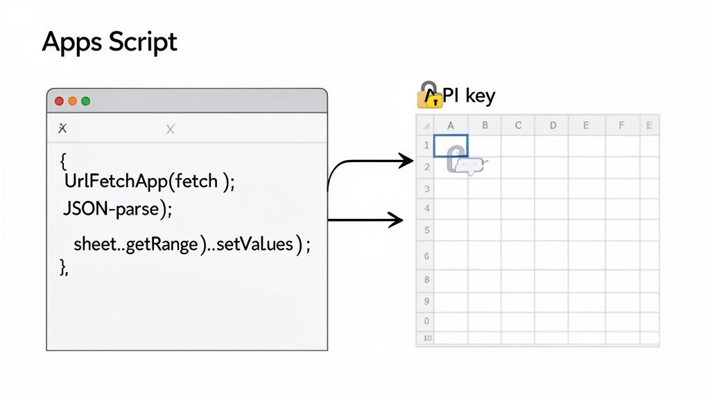 Apps Script workflow illustrating JSON data fetched via API key and imported into a Google Sheet.