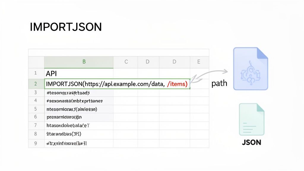 A Google Sheets screenshot showing the IMPORTJSON function used for an API call to retrieve JSON data.