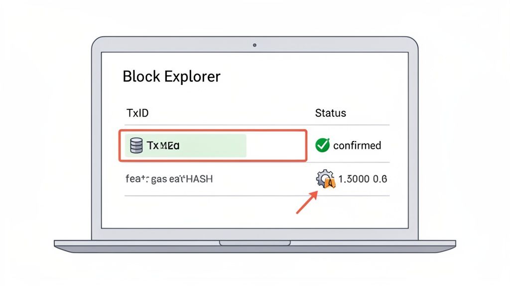 A laptop screen displays a block explorer with a confirmed blockchain transaction ID and gas details.