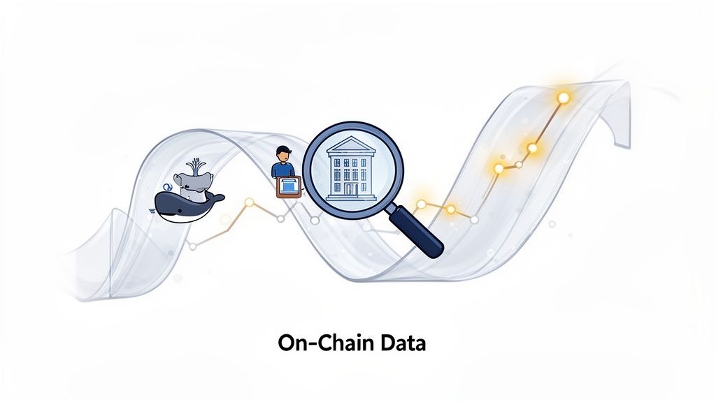 An illustration showing on-chain data analysis, crypto whales, and financial institutions on a wavy graph.
