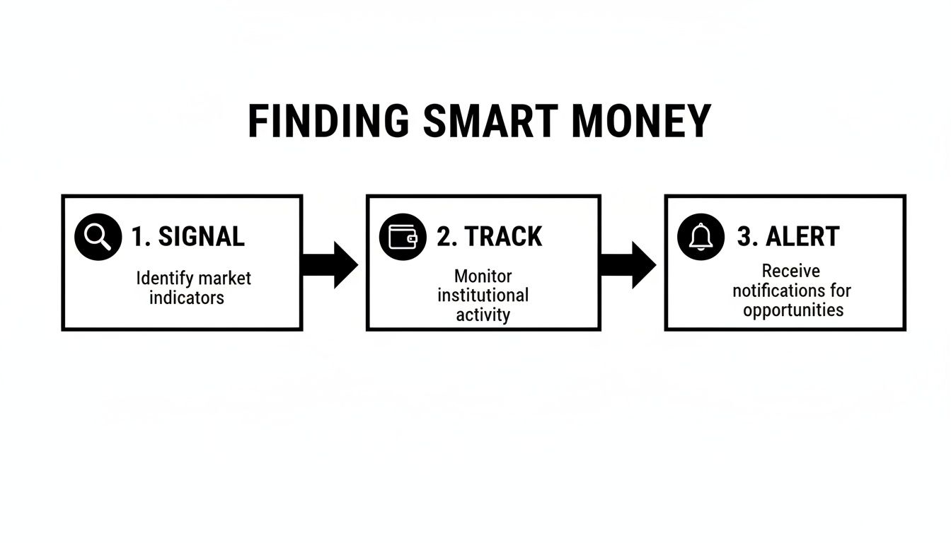 A three-step diagram illustrating the process of finding smart money: signal, track, and alert.