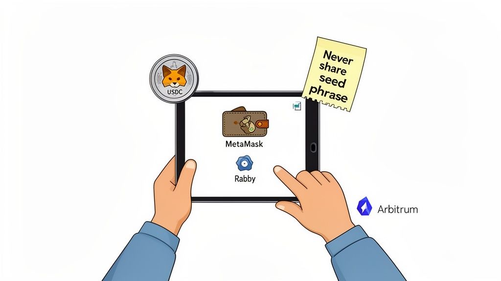 A person holds a tablet displaying MetaMask and Rabby crypto wallets, with USDC, Arbitrum, and a seed phrase warning.