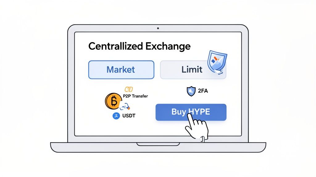 Laptop screen shows a centralized crypto exchange with 'Market' tab active, a cursor clicks 'Buy HYPE'.