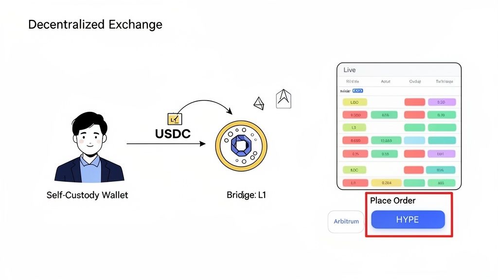 Diagram illustrating a decentralized exchange process, showing a self-custody wallet, USDC, bridge, and order placement.