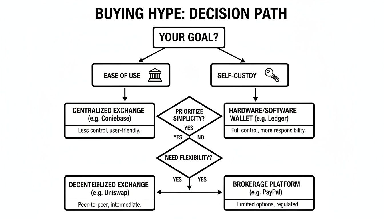 Flowchart detailing cryptocurrency buying decisions based on ease of use, self-custody, simplicity, and flexibility.