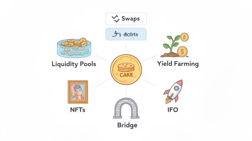 Infographic showing the PancakeSwap ecosystem, with the CAKE token surrounded by features like Swaps, Yield Farming, and NFTs.