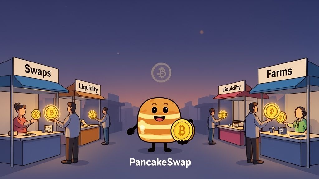 PancakeSwap cartoon character with Bitcoin coin, surrounded by market stalls for swaps, liquidity, and farms.