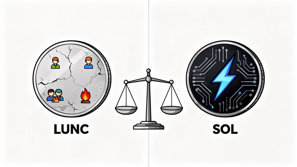 Scales balance a cracked LUNC coin with people and fire, against a SOL coin with a lightning bolt.