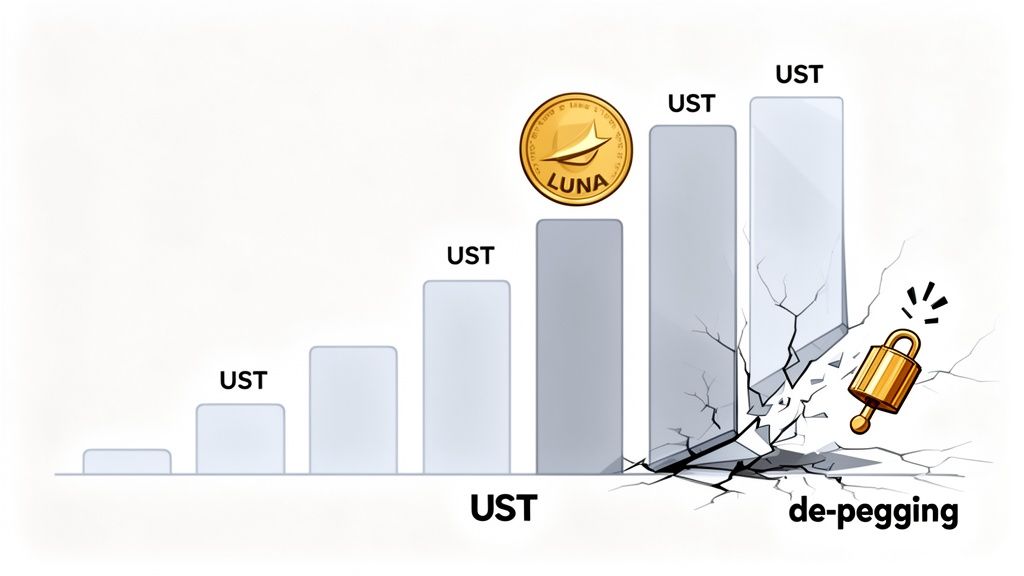 Chart illustrating UST stablecoin growth with LUNA coin, culminating in its de-pegging collapse.