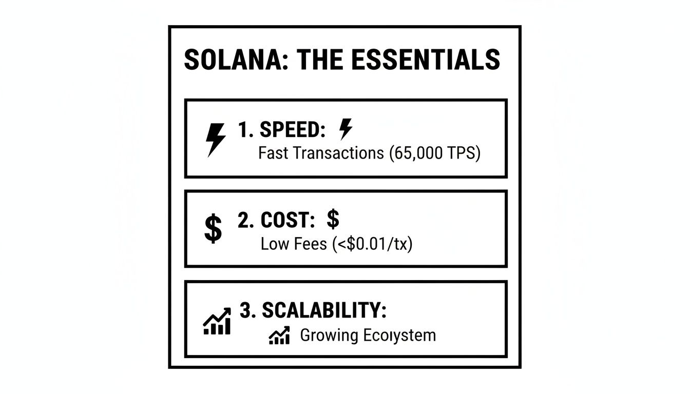 Infographic outlining Solana's essential features: high speed, low transaction costs, and growing scalability.