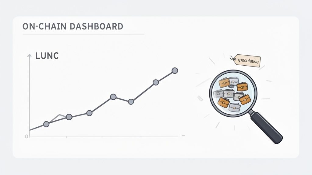 On-chain dashboard with a LUNC price trend graph and a magnifying glass showing speculative portfolios.
