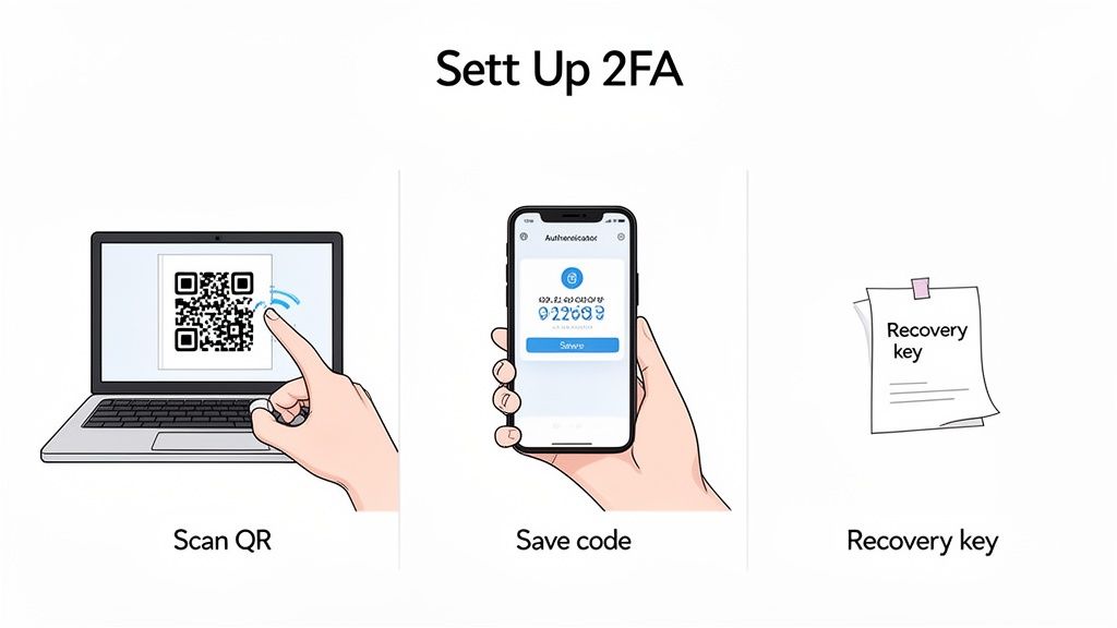 Illustration of three steps to set up two-factor authentication: scan QR, save code, and recovery key.