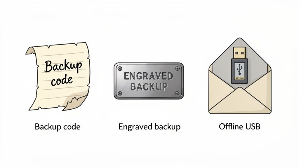 Three physical backup methods: a paper with backup code, an engraved metal plate, and an offline USB in an envelope.