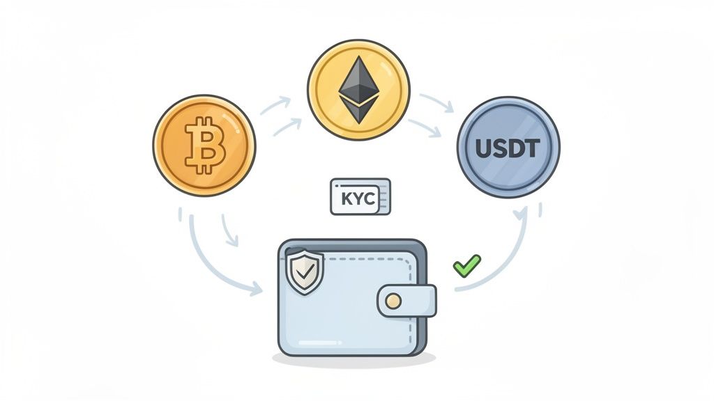 An illustration of Bitcoin, Ethereum, and USDT crypto coins flowing into a secure wallet with KYC verification, signifying cryptocurrency transactions.