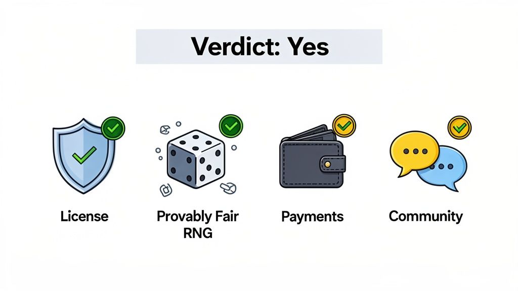 An image showing a 'Verdict: Yes' for CoinPoker, highlighting its license, provably fair RNG, payments, and community.