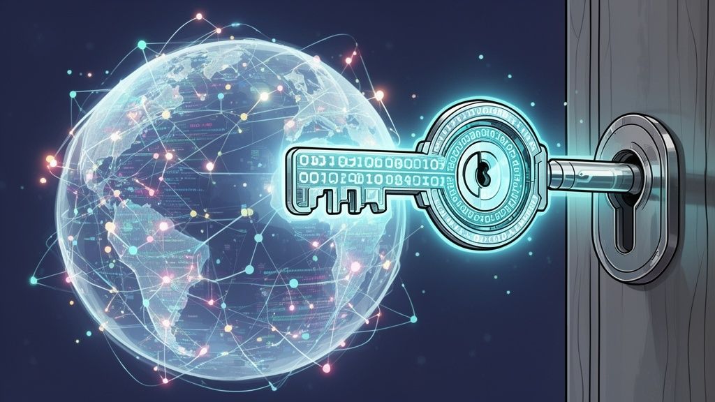 A digital globe connected by a network of lines and dots, unlocked by a glowing cyber security key.